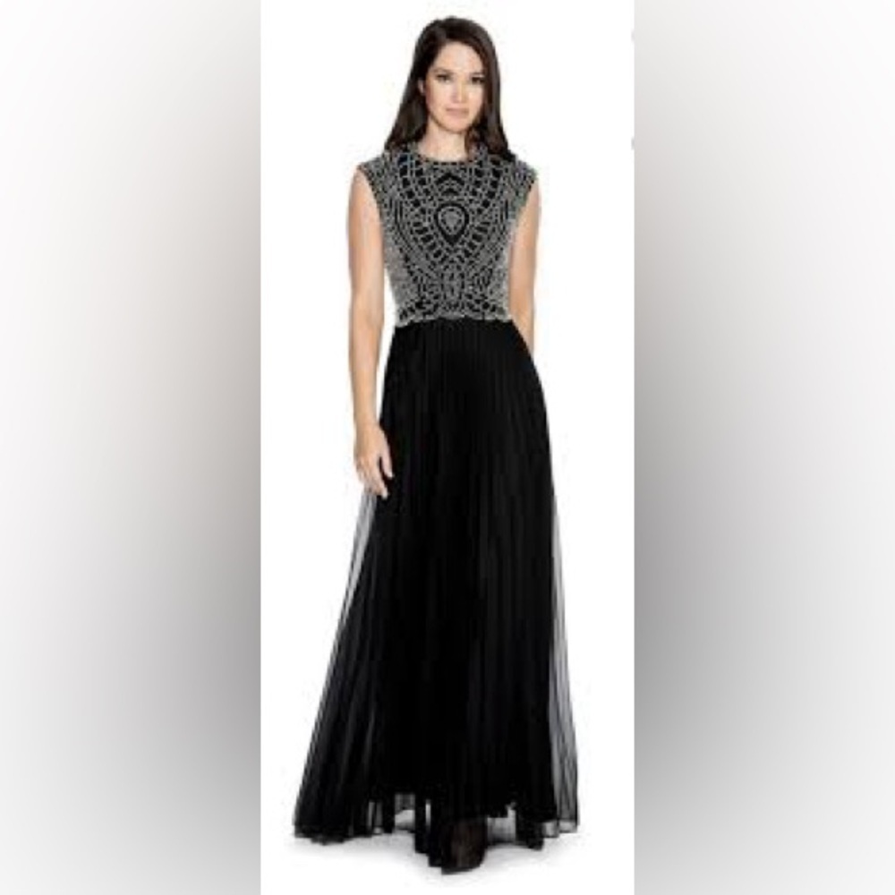 484 - Cachet NWOT Blue and Silver Pleated High-Low Gown, Size 16W